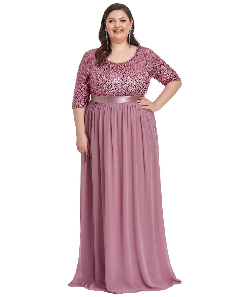 Front of a model wearing a size 18 3/4 Sleeves Round Neck Evening Dress With Sequin Bodice in Purple Orchid by Ever-Pretty. | dia_product_style_image_id:287284